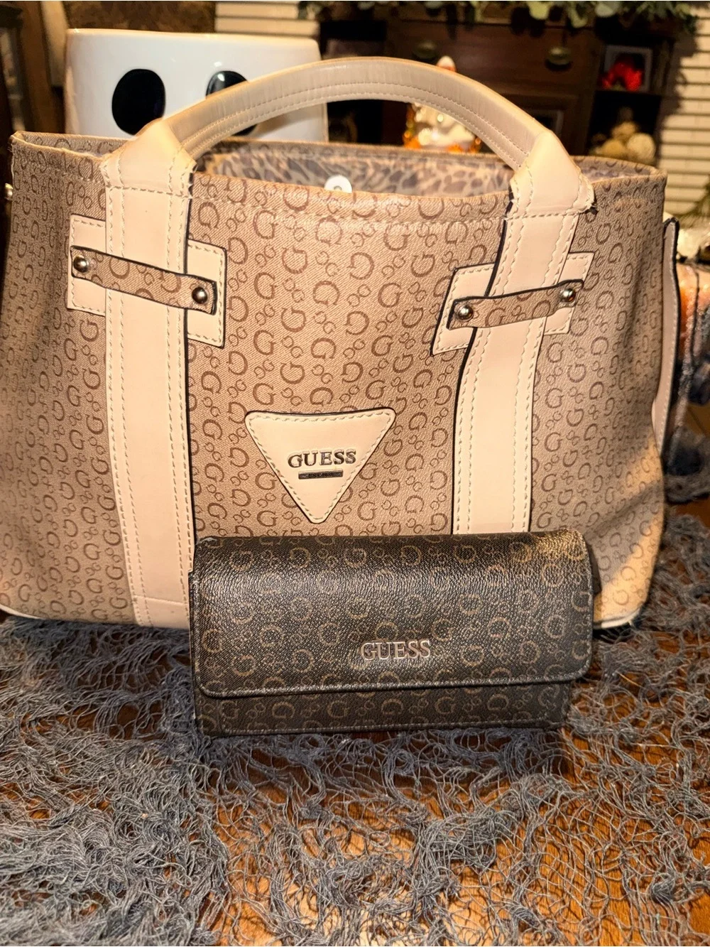 GUESS Beige Monogram Satchel with Matching Brown Monogram Wallet